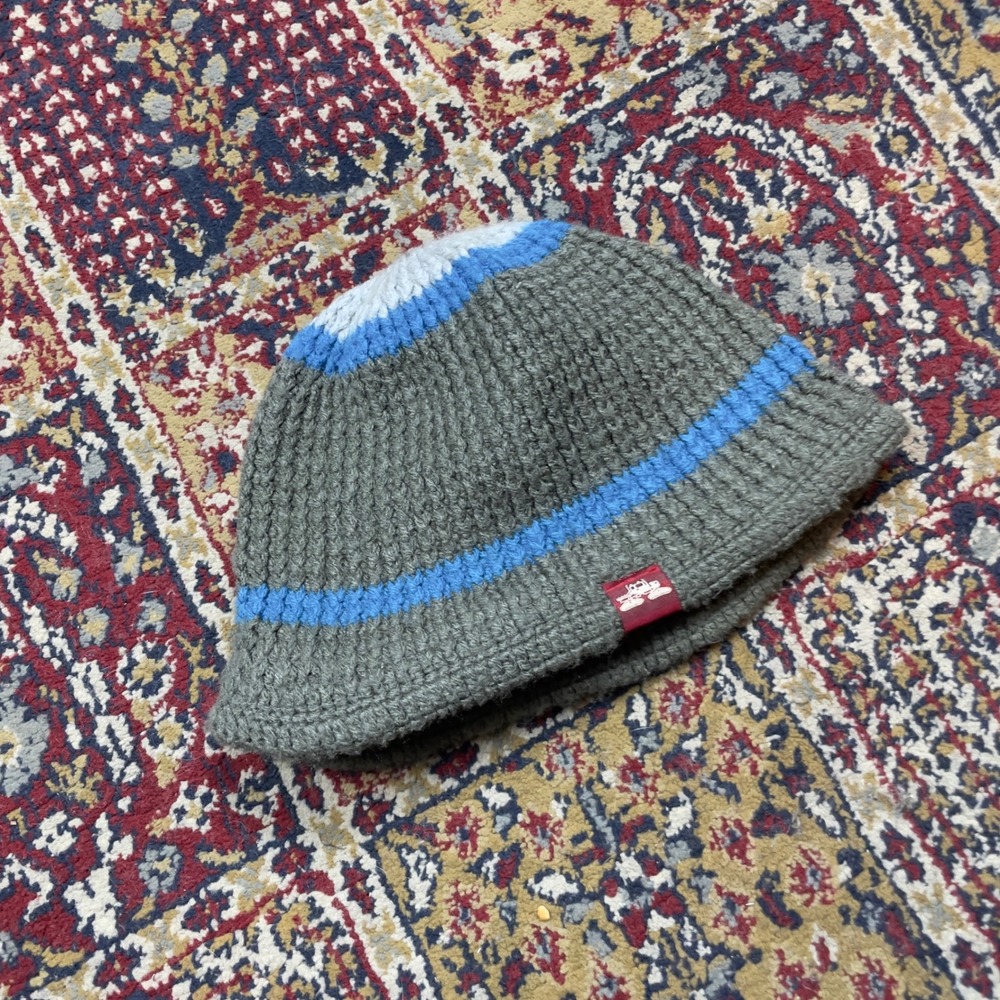 VTG 90s 00s Spacecraft Handmade Crochet Bucket Beanie Hat Blue Gray Striped Snow